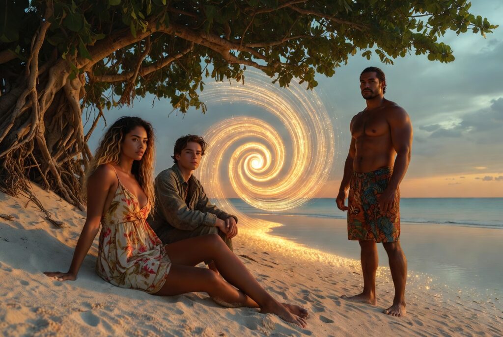 Maeva, Thomas, Teva - Les Secrets d'Amosia - sur la plage contre Kerson